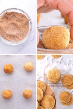 the process to make donuts is shown in four different pictures, including doughnuts and powdered sugar