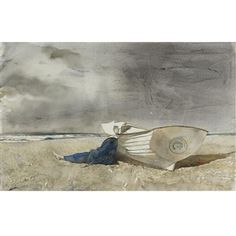 a painting of a boat on the beach with storm clouds in the sky behind it