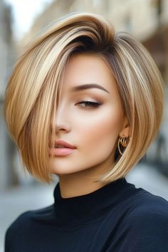 Boblob Hairstyle, Short Bob Hairstyles For Work, Stacked Bob Wedding Hairstyles, Blonde Highlighted Bob, Short Bob Haircuts For Round Face, Short In The Back Long In The Front Hair, Bad Short Haircut, Balayage Hair Short Bob, Reverse Bob Haircut Short