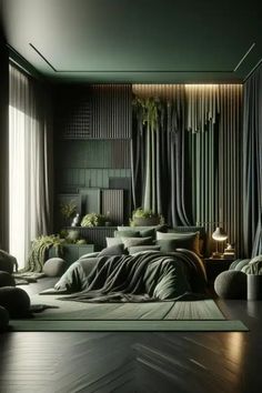 a bedroom with black walls and green curtains