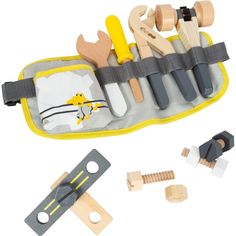 the wooden toy tool set is packed in its pouch and ready to be played with