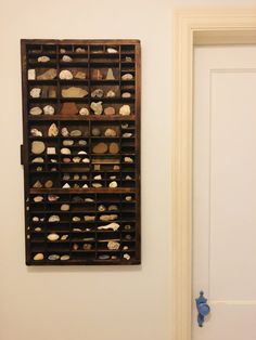 a wooden shelf filled with shells next to a white door