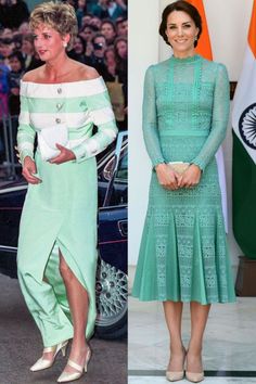 two pictures of the same woman in green dresses, one is wearing white and the other has