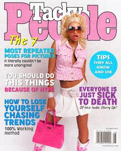 a magazine cover with a woman holding a pink handbag and purse on the cover