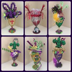 six pictures of different colored vases with flowers in them and ribbons attached to them