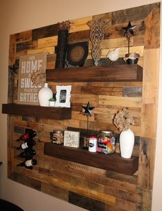 two wooden shelves with decorative items on them