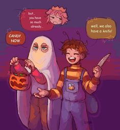 two kids dressed up as ghost and pumpkins, one holding a bag with candy in it