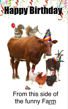 a birthday card with an image of a cow surrounded by farm animals