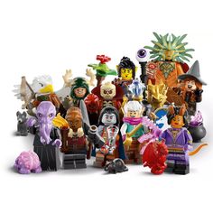 a group of lego minifigures are shown in this image, all wearing different costumes