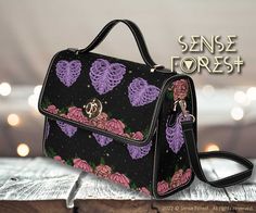 "Kawaii Goth Heart shaped Ribcage Canvas Satchel bag, Cottagecore Rose crossbody purse, vegan leather trim gothic handbag , hippies boho gift .:18.94 Oz. Made from high-grade waterproof canvas, durable, water-resistant. .:Two interior pockets for small items one zipper pocket. .:Removable and adjustable brown Vegan leather shoulder strap. .:Vegan leather trim. .:Dimensions: 10.63\"(L) x 4.13\"(W) x 7.87\"(H) Color: Black (available to ship from China) ❣️Actual colours may vary. This is due to co Witch Style Outfits, Rose Cottagecore, Goth Bags, Goth Bag, Goth Purse, Witch Accessories, Witch Style, Accessories Goth, Printed Canvas Bag