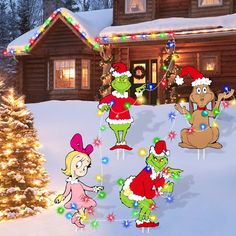 an animated christmas scene with people dressed as santa claus and the grinch, in front of a log cabin