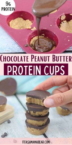 Pin image with text and two images, the top image of chocolate being drizzled onto peanut butter cups and the bottom of fingers palcing the peanut butter cups on top each other Protein Peanut Butter Cups, Protein Cups, Peanut Butter Powder Recipes, High Protein Peanut Butter, Protein Peanut Butter, Healthy Peanut Butter Cups, Peanut Butter Protein Bars, Protein Baking, High Protein Desserts