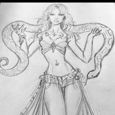 a pencil drawing of a woman with a snake around her neck and hands on her hips