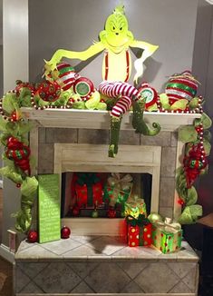 My latest Grinch mantel! Grinch Fireplace Decor, Grinch Fireplace, Grinch Tree, Grinch Christmas Party, Believe In Santa