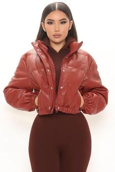 Red Puffer Jacket, Coats Fashion, Red Puffer, Brick Red, Leather Zipper, City Streets, Winter Wear