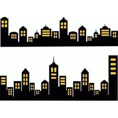 two black and white city silhouettes with yellow lights