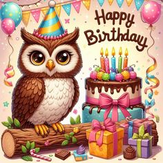 an owl with a birthday hat sitting on a branch next to a cake and presents