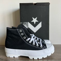 Converse Chuck Taylor All Star Lugged Hi Black Canvas Women’s Sneaker New In Box Box May Have Minor Cosmetic Damage / Stickers / Writing Women’s Size 9 Please Review All Pictures For Any Flaws And/Or Blemishes Item Shown In Pictures Is What You Are Purchasing No Rips Or Tears. Odor Free All Reasonable Offers Considered Smoke Free Environment Even Though Most Of Our Shoes Are Sold As “New” There Is A Chance That They May Have Been Previously Tried On In Store With Dust And/Or Dirt On The Soles An Chuck Taylor Lugged, Converse White High, Womens White Converse, Stickers Writing, Converse Chuck Taylor All Star Lugged, How To Lace Converse, White Converse Shoes, Chuck Taylor All Star Lugged, All Star Lugged