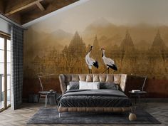 two birds standing on top of a bed in a room with wooden floors and walls