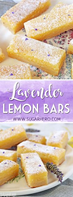 lavender lemon bars with powdered sugar on top