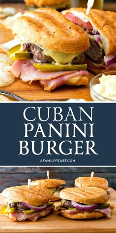 an image of cuban panini burgers on a cutting board with text overlay