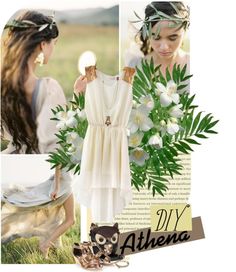 a collage of photos with white flowers and green leaves in the foreground, an image of a woman's dress