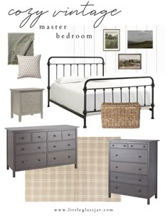 a bedroom with gray furniture and pictures on the wall, including a bed, dresser, nightstand