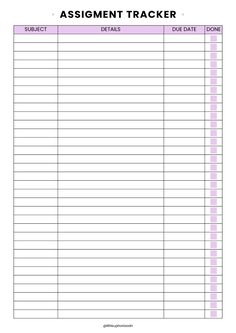 a printable assignment tracker for students to do their homeworks and work on the computer