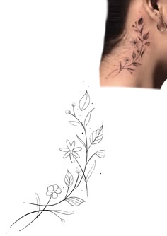 a woman's neck tattoo with flowers and leaves on her left side, behind the ear