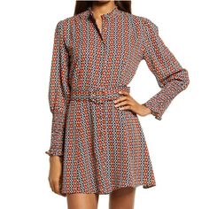 Bishop + Young Odessa Long Sleeve Belted Dress. Size Medium Brand New With Tags Colors: Navy Blue, Rust Red / Burnt Orange, Gold / Yellow, And White Bold, Geometric Pattern Is Tiled On This Chic And Sophisticated Dress Long Sleeves With Smocked Cuffs A Tonal Belt That Accentuates The Waist Belt Loops Lined At The Skirt Gold Tone Buttons Down The Front Of The Dress Small Ruffle Accent At The Top Of The High Collar 100% Polyester Geo Print, Smocked Cuffs, Belted Dress, Fall, Spring, Button Up Dres Orange Long Sleeve Midi Dress, Orange Long Sleeve Midi Dress For Work, Long Sleeve Orange Midi Dress For Work, Multicolor Belted Dress For Brunch, Multicolor Mini Dress For Fall Daywear, Multicolor Printed Dress For Workwear, Multicolor Printed Dresses For Work, Multicolor Printed Dress For Work, Multicolor Fall Dress For Workwear