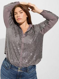 FIT Model is 5'10” wearing size 0. . Measures 30” from shoulder (size 2). MATERIALS + CARE Sequined woven fabric. 100% polyester. Dry clean only. Imported. DETAILS Collared neckline. Long sleeves. . Button front. Sequined detail. WHY WE LOVE IT Perfect for work, this lightweight top brings the polish while still staying comfortable. . The best plus size women's madison sequin long sleeve shirt tops in gunmetal made of sequin. Torrid is your destination for cozy fall and winter clothes to keep yo Leopard Print Blouse, Puff Sleeve Top, Cute Skirts, Winter Clothes, Cozy Fall, Black Sequins, Perfect Shirt, Long Sleeve Shirt, Woven Fabric