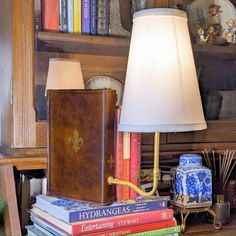 a lamp sitting on top of a table next to books and other items in front of a bookcase