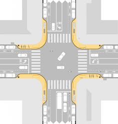 an overhead view of a four way intersection