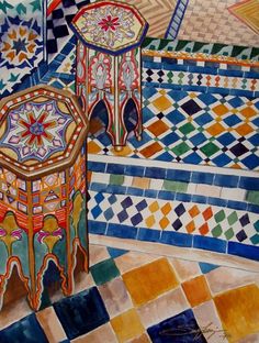 an artistic painting of colorful tiles and stools on the floor in a tiled room