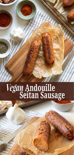 two pictures of sausages on a cutting board with seasonings and spices in the background