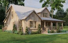 this is an artist's rendering of a small cabin style home with porches