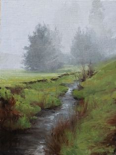 a painting of a stream running through a lush green field