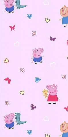 peppa pig wallpaper in pink with hearts and butterflies on the back ground, as well as an image of two pigs