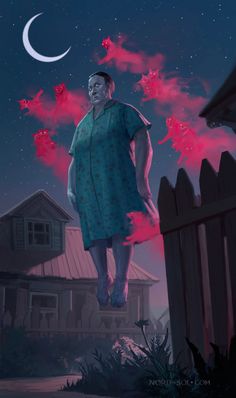 a man standing on top of a wooden fence under a night sky with stars and clouds