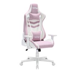 a pink and white office chair with the word team on it's armrest