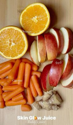 sliced apples, carrots, and oranges on a cutting board with skin glow juice