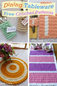 crochet patterns for dining tableware and placemats are featured in this collage