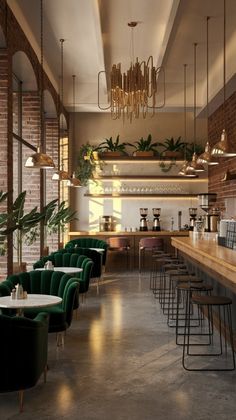 an empty restaurant with green chairs and bar stools