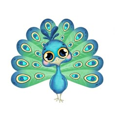 a blue and green peacock with big eyes on it's tail, standing in front of a white background