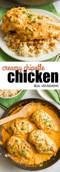 creamy chipotie chicken in a skillet with rice and gravy on the side