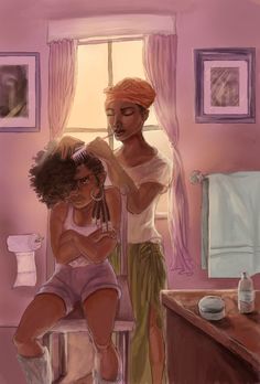 a painting of two people standing in a bathroom next to each other and one is brushing her hair