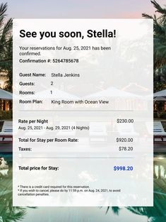 an advertisement for a hotel in the middle of palm trees, with text that reads see you soon, stella