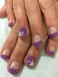 Orchid purple sparkly gel nails Purple Gel Nails Ideas Short, Dark Purple Prom Nails Short, Purple Glitter French Tips, Purple Sparkly Nails Short, Sparkly Purple French Tip Nails, Purple Nails With Silver Tips, Sparkly French Manicure, Gel Nails Purple, Sparkly Gel Nails