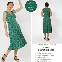 a woman wearing a green dress and sandals with the text free sewing pattern joliee knit midi dress