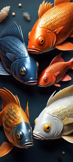 three gold and blue fish are on a black surface next to each other with their mouths open